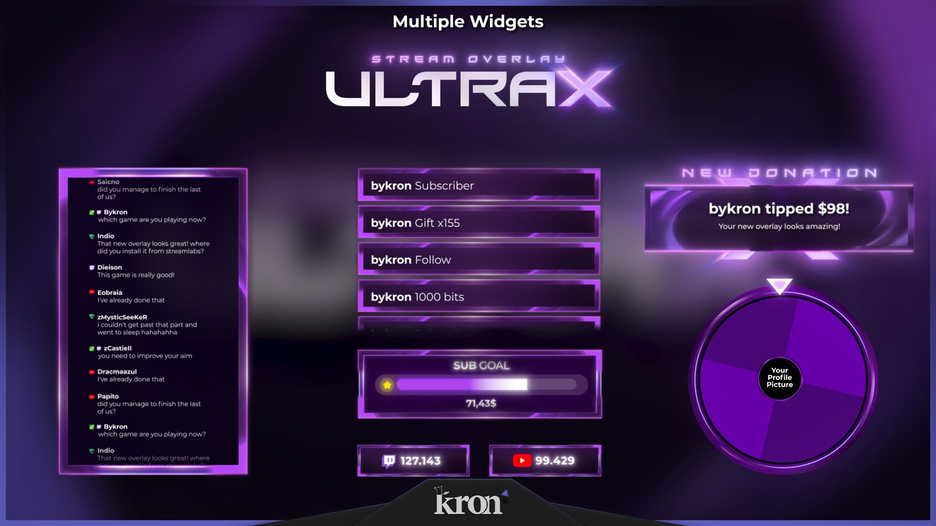 Ultra X Stream Widgets for Twitch - Animated Purple Neon Synthwave Minimalist Overlay Widgets Pack | byKron