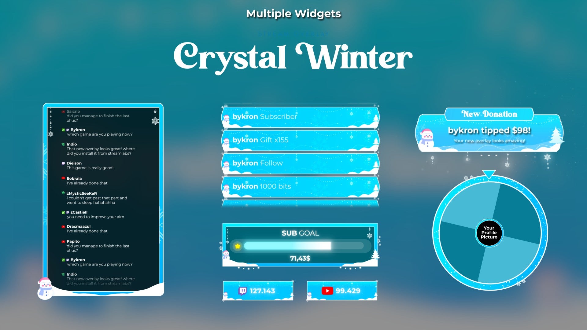 Crystal Winter Stream Widgets for Twitch - Animated Icy Blue Snowflake Cute Winter Overlay Widgets Pack | byKron