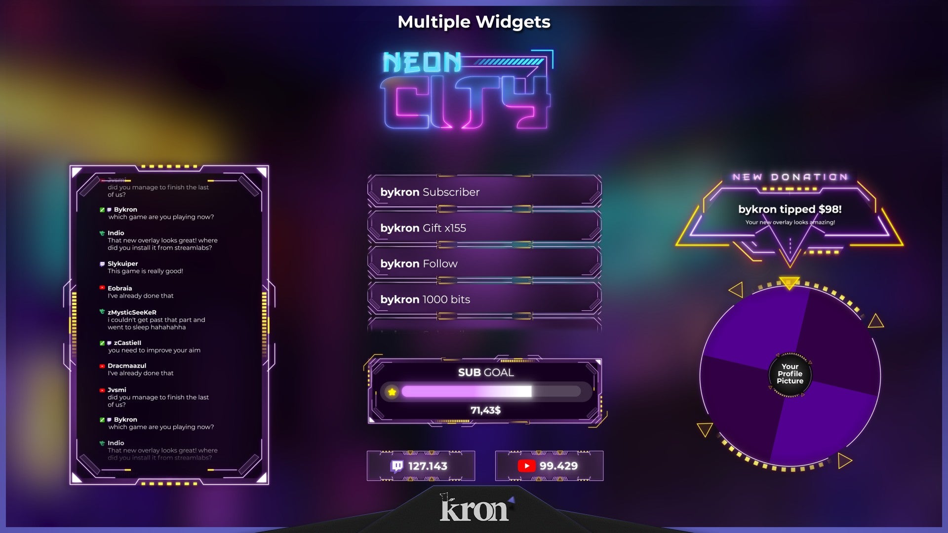 Neon City Stream Widgets for Twitch - Animated Cyberpunk Rainy City Purple Neon Urban Overlay Widgets Pack | byKron