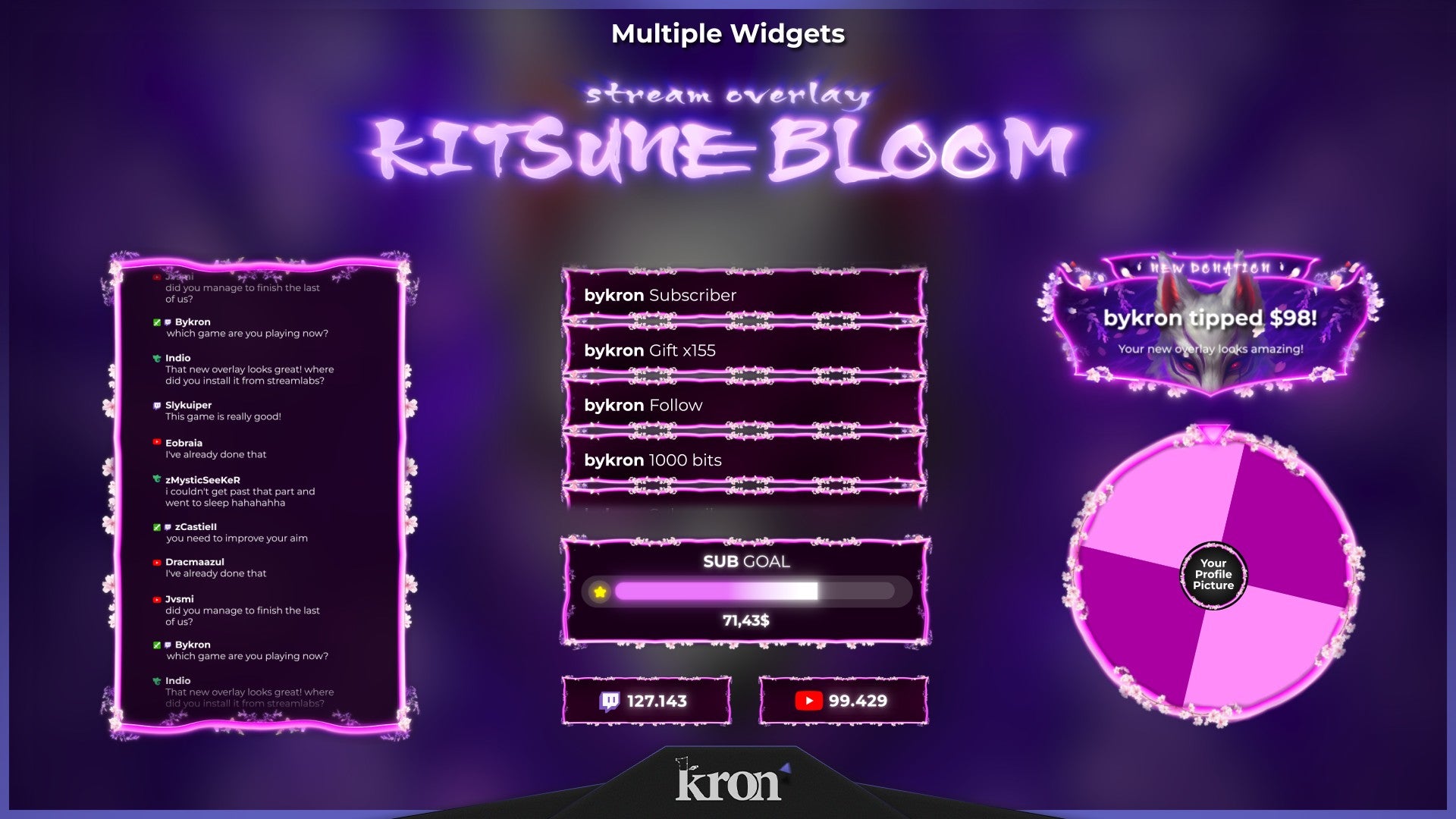 Kitsune Bloom Animated Widgets for Twitch - Animated Purple Fox Spirit Japanese Floral Anime Overlay Widgets Pack | byKron