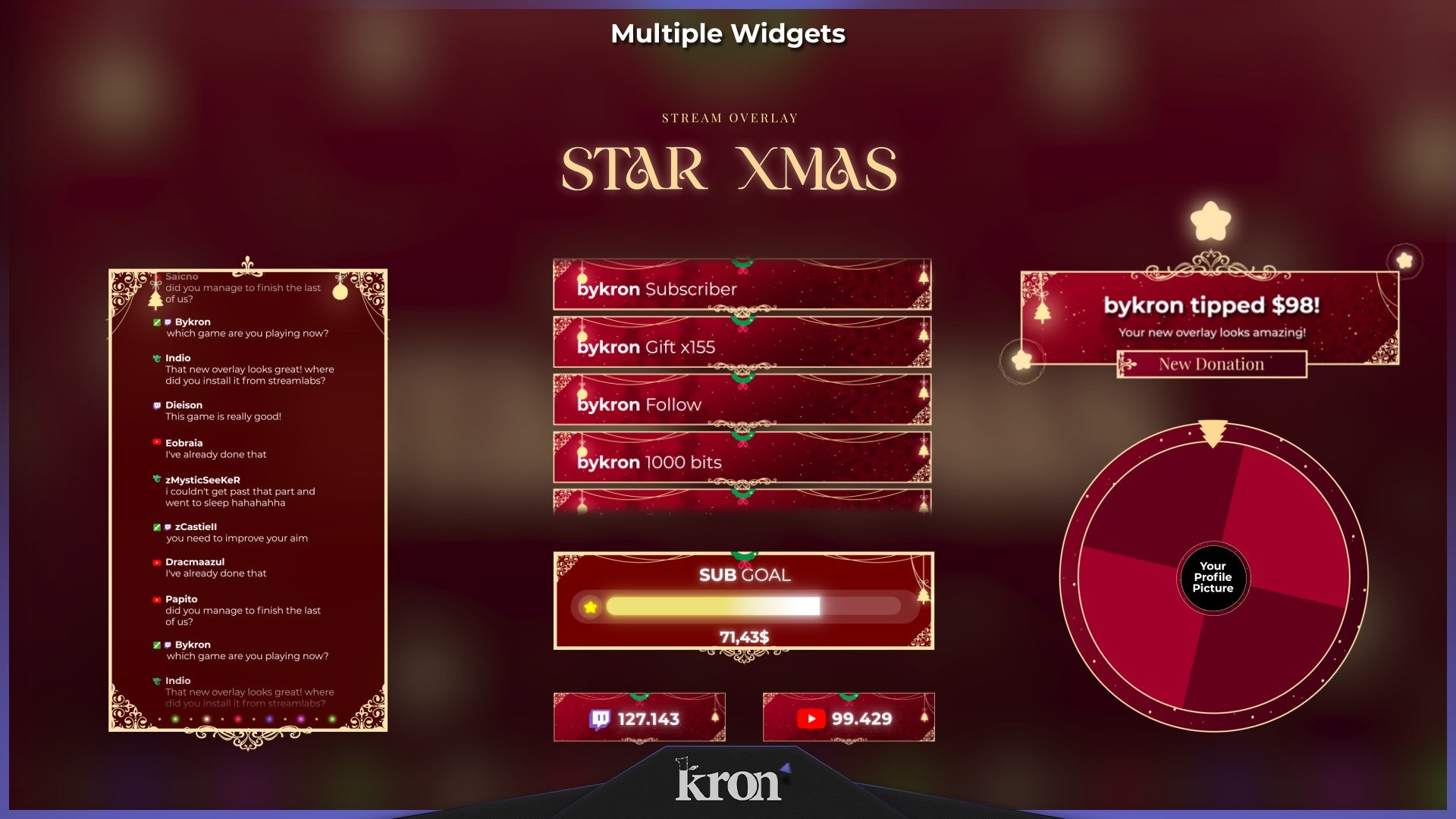 Star Xmas Stream Widgets for Twitch - Animated Golden Stars Christmas Red Elegant Overlay Widgets Pack | byKron
