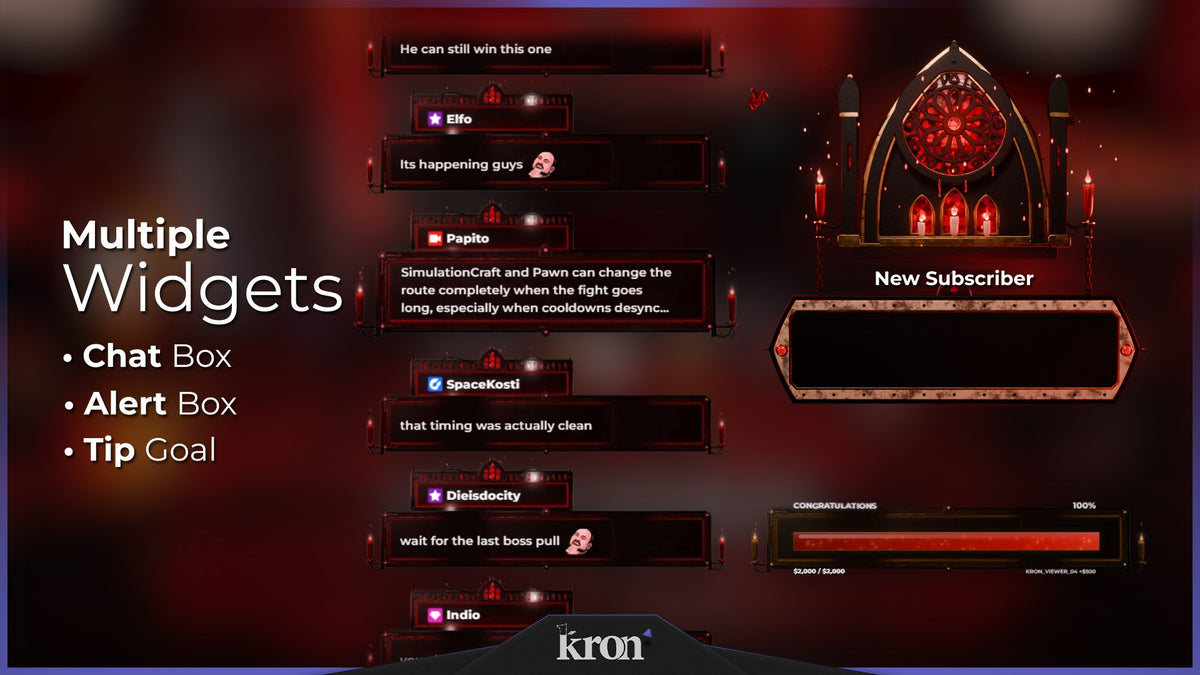 Blood Setup Animated Widgets for Twitch with dark crimson gaming aesthetic featuring deep red lighting, gothic details, alerts, tip goal and chat box widgets