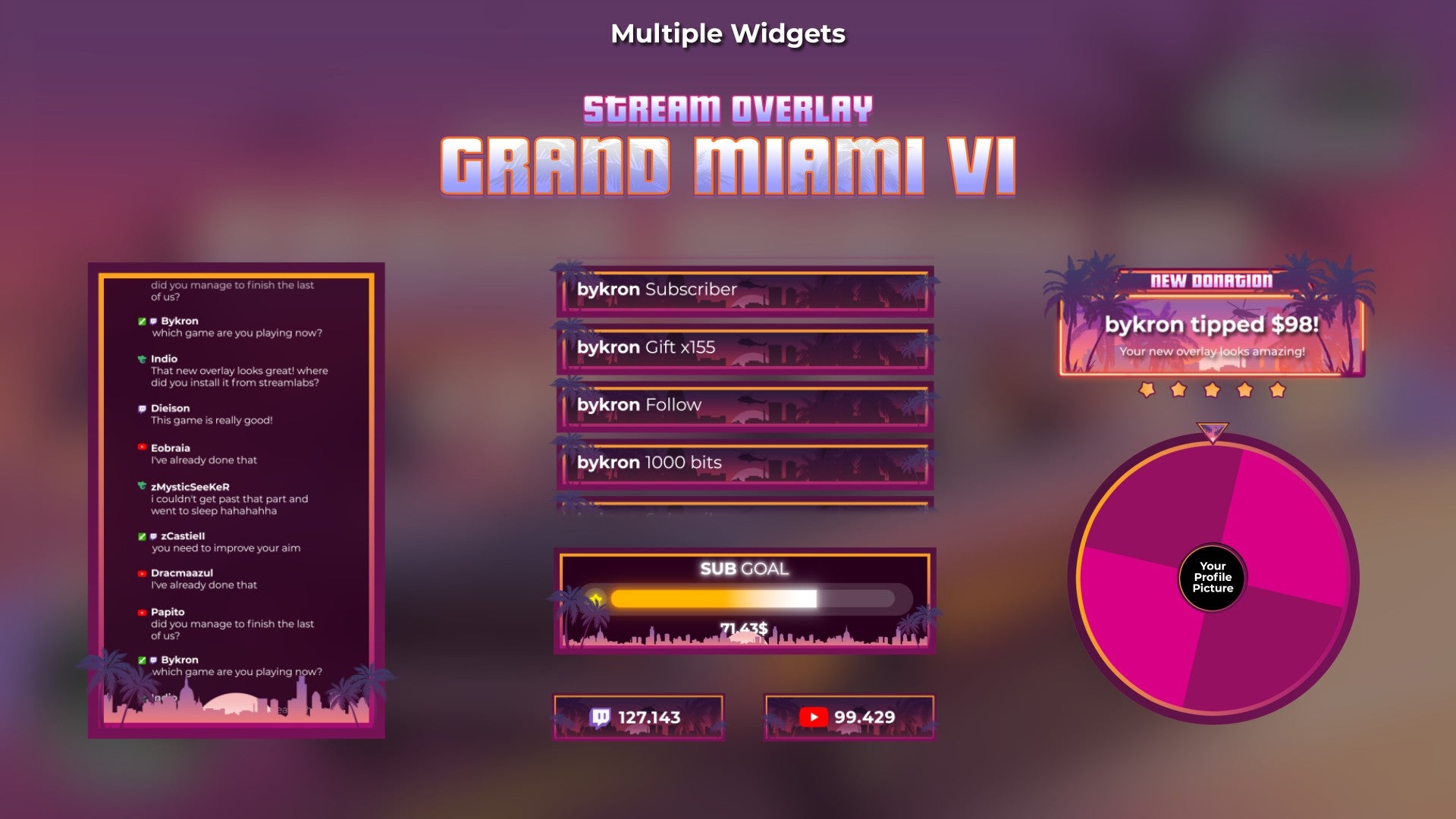 Grand Miami VI Stream Widgets for Twitch - Animated Neon Miami GTA Retro Crime Overlay Widgets Pack | byKron