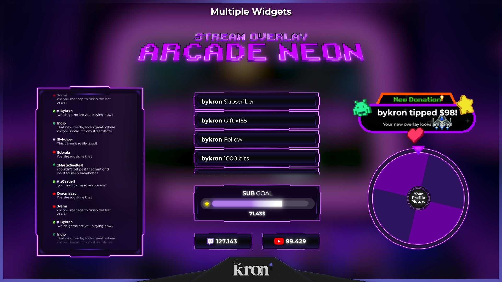 Arcade Neon Animated Widgets for Twitch - Animated Purple Pixel Retro Arcade Neon 3D Overlay Widgets Pack | byKron