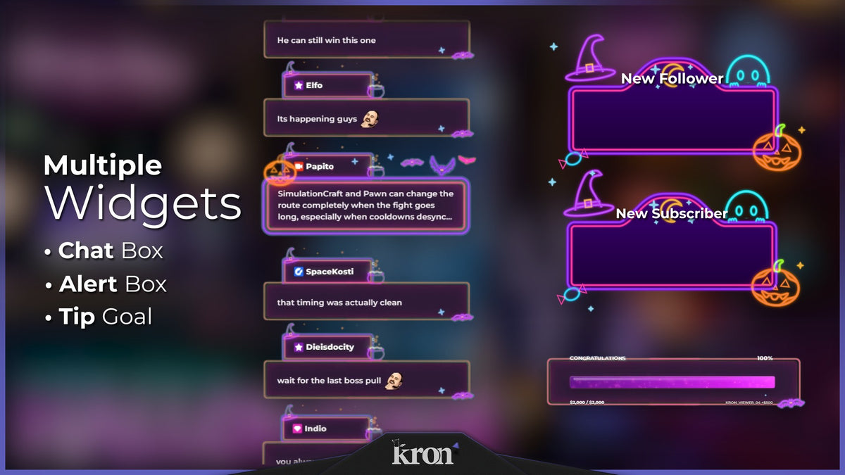 Neon Christmas Animated Widgets for Twitch with cozy neon aesthetic featuring purple and pink lights, pumpkins, alerts, tip goal and chat box widgets