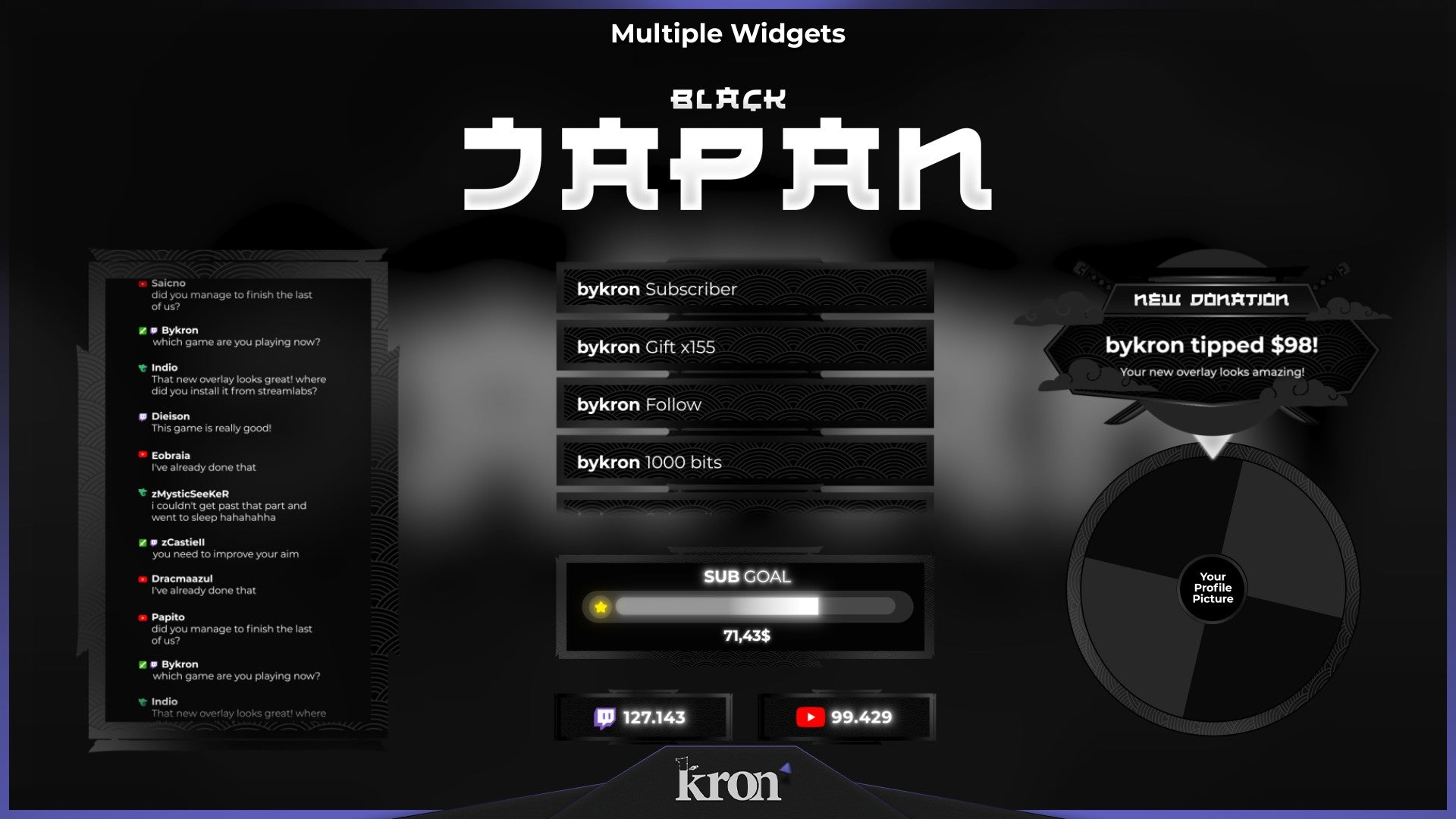 Black Japan Stream Widgets for Twitch - Animated Japanese Katana Wave Dark Minimalist Overlay Widgets Pack | byKron