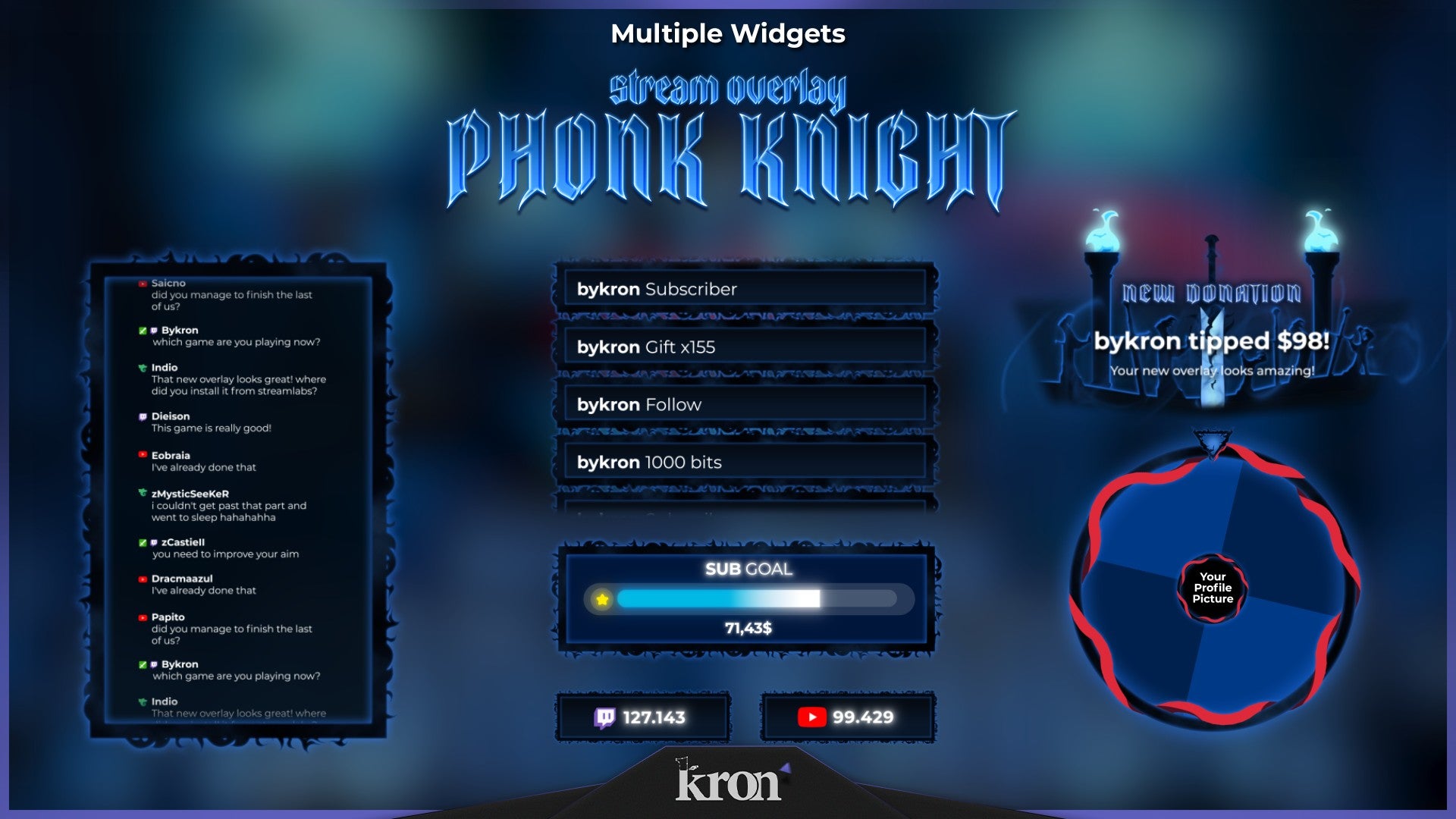 Phonk Knight Stream Widgets for Twitch - Animated Blue Flame Medieval Dark Fantasy Overlay Widgets Pack | byKron