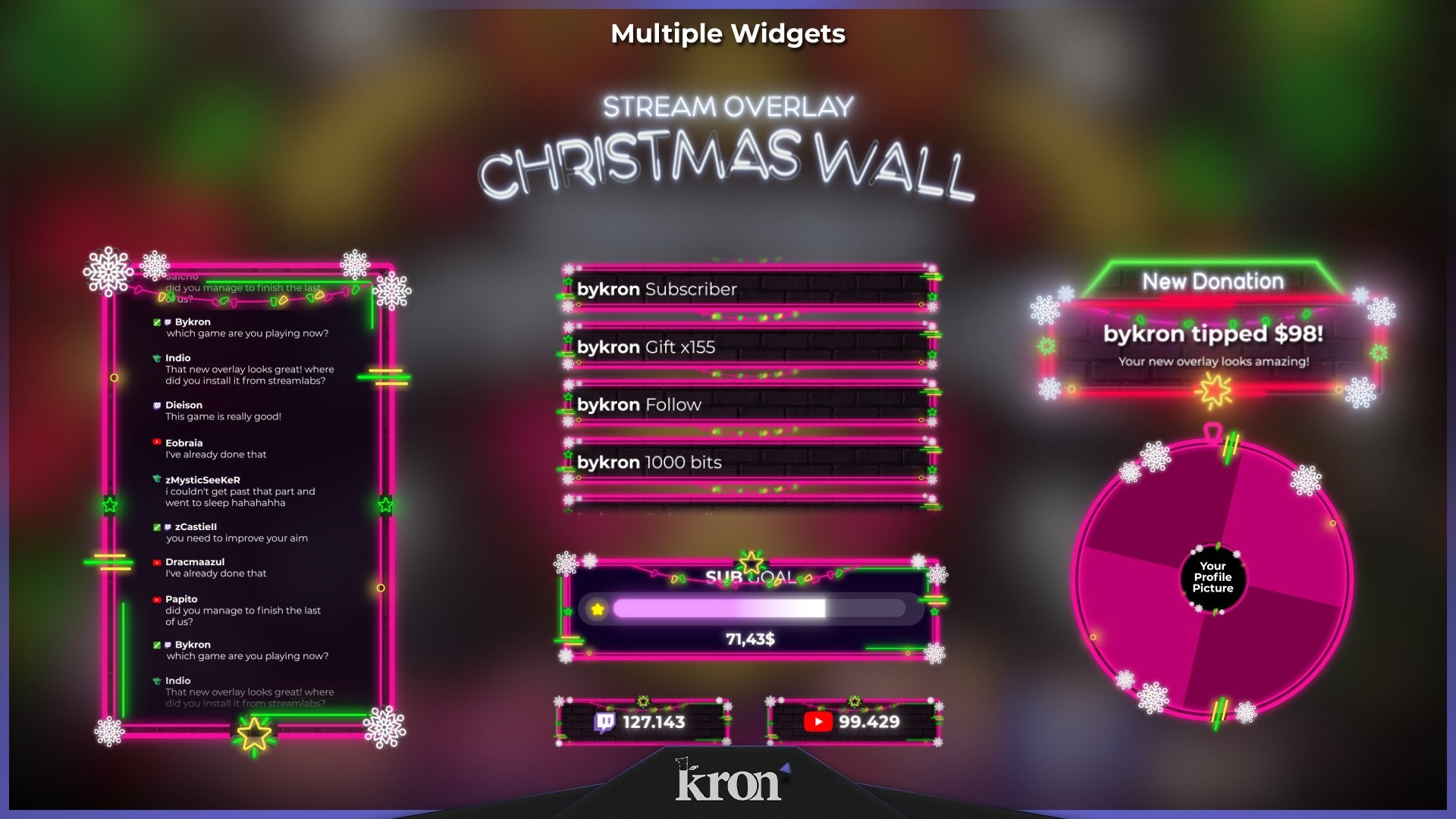 Christmas Wall Stream Widgets for Twitch - Animated Neon Lights 3D Festive Holiday Overlay Widgets Pack | byKron