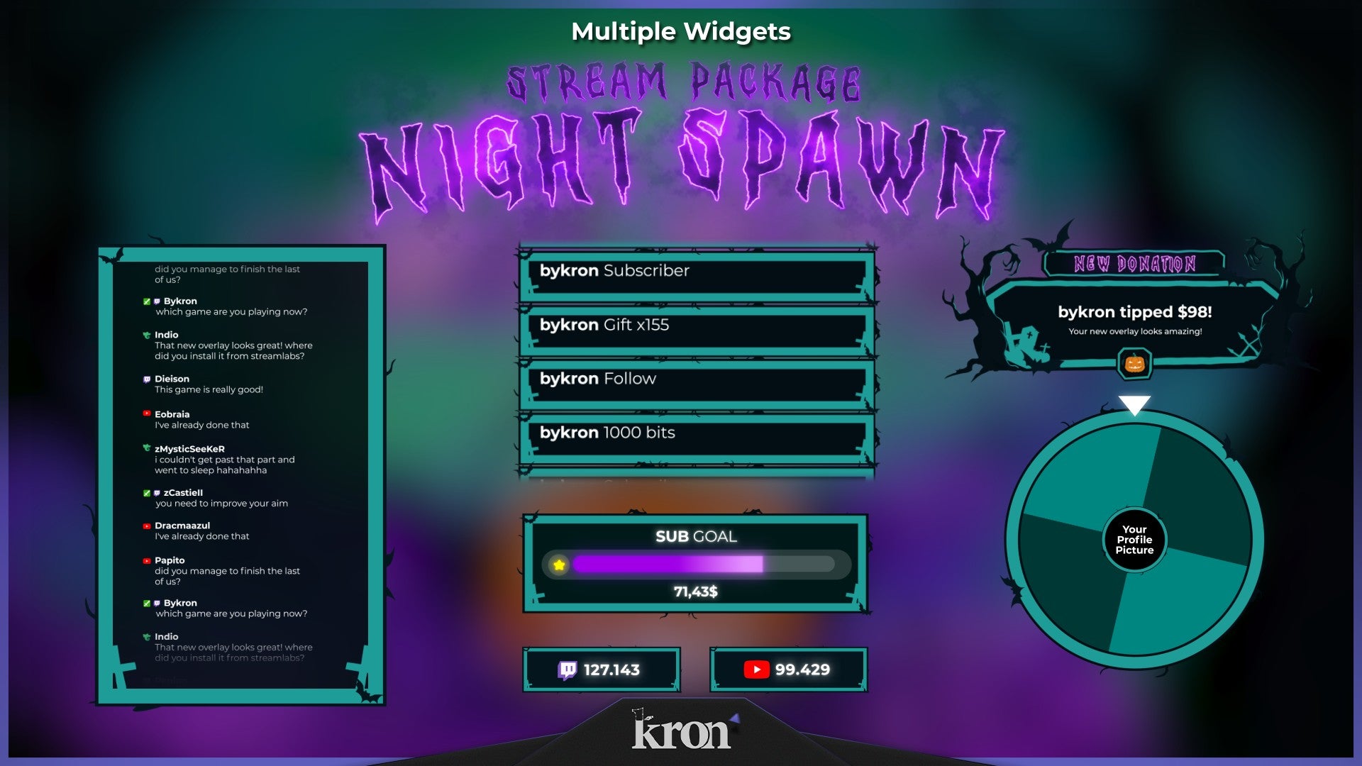 Night Spawn Stream Widgets for Twitch - Animated Pumpkin Graveyard Neon Halloween Overlay Widgets Pack | byKron