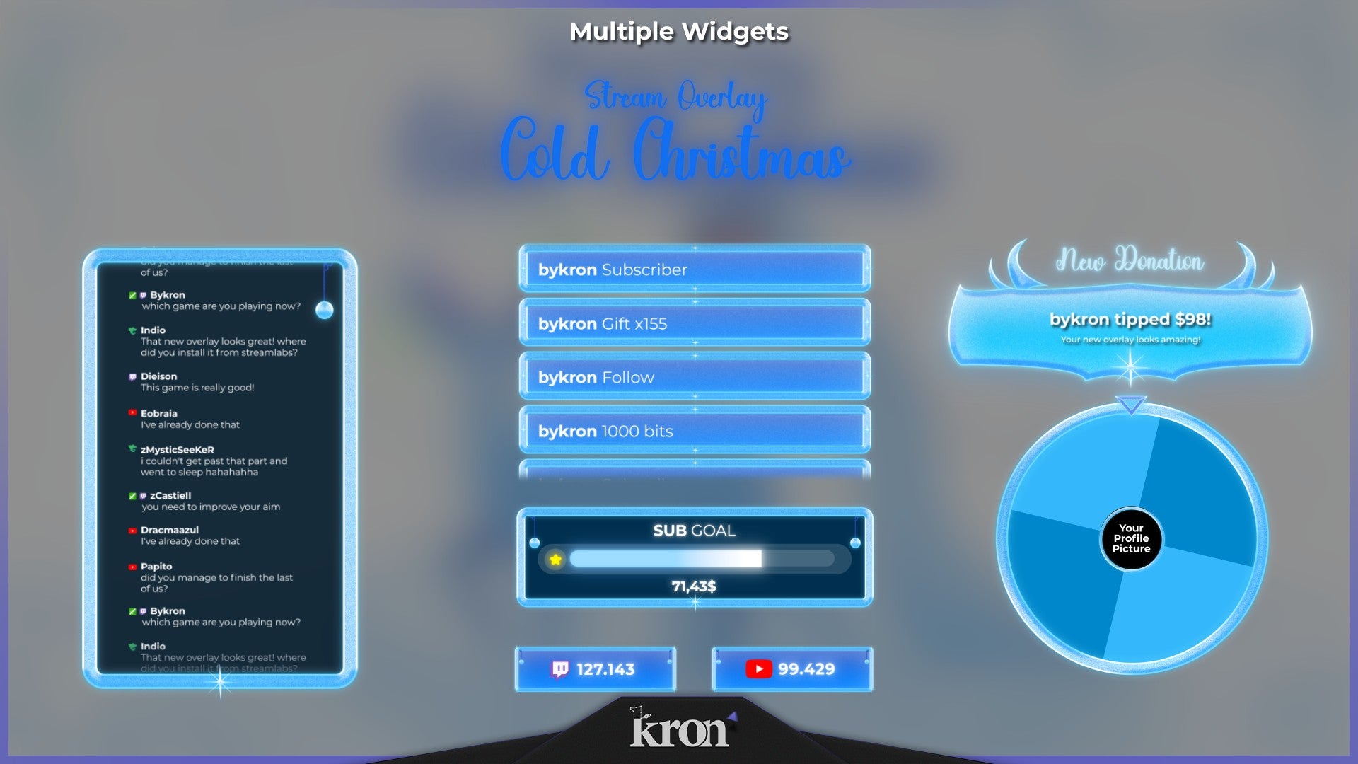 Cold Christmas Stream Widgets for Twitch - Animated Blue Deer Snowy Winter Fantasy Overlay Widgets Pack | byKron