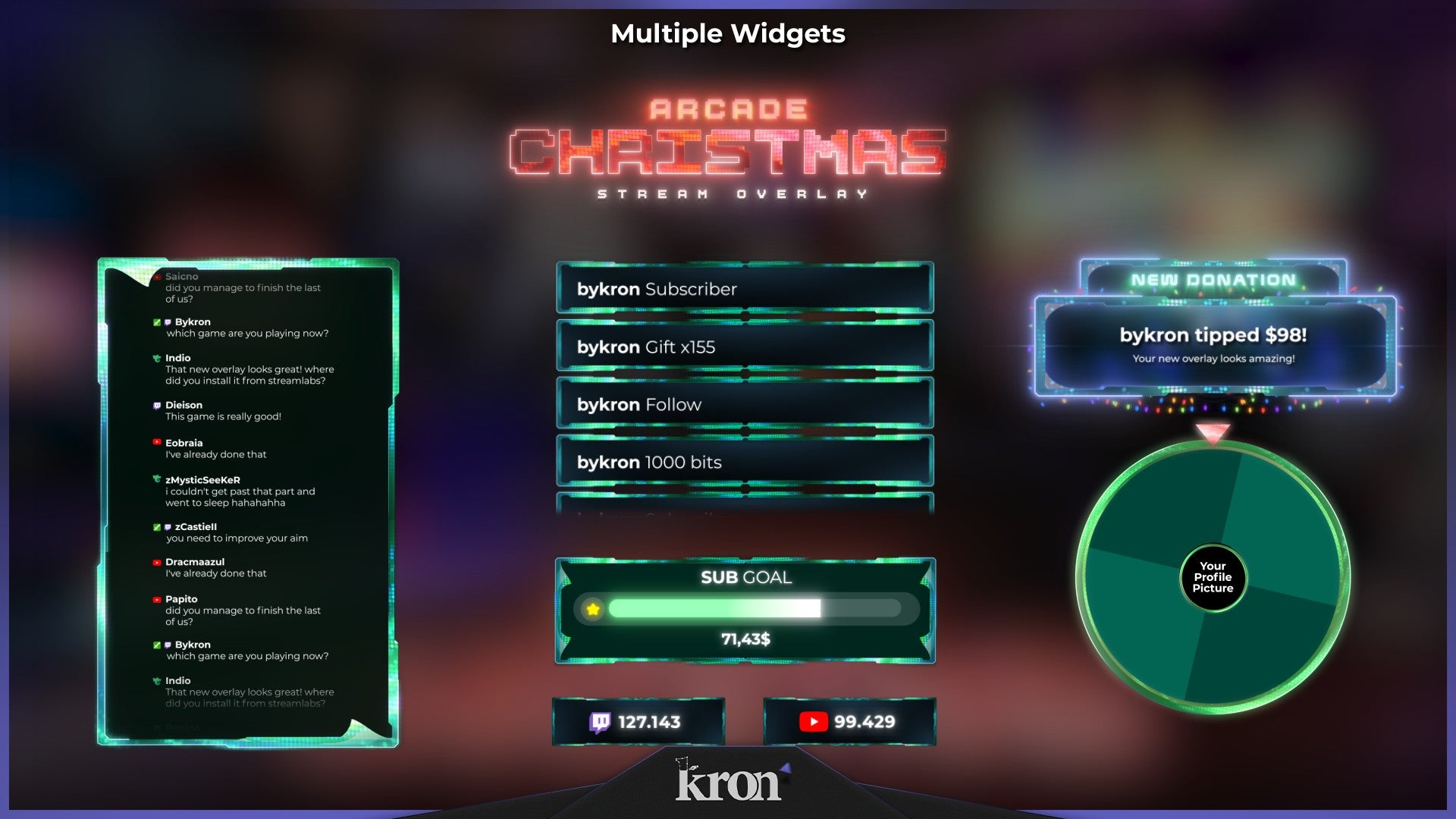 Arcade Christmas Stream Widgets for Twitch - Animated Retro Neon Arcade Holiday 3D Overlay Widgets Pack | byKron