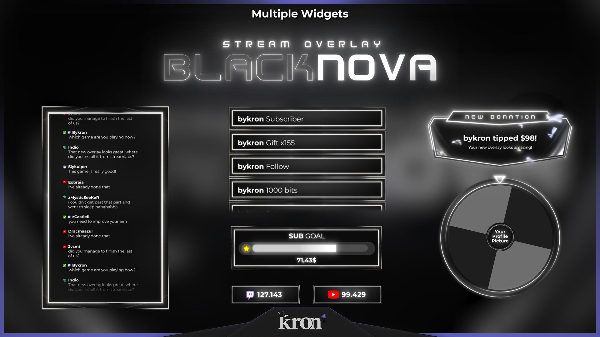 Black Nova Stream Widgets for Twitch - Animated Cosmic Space Minimalist Futuristic Overlay Widgets Pack | byKron