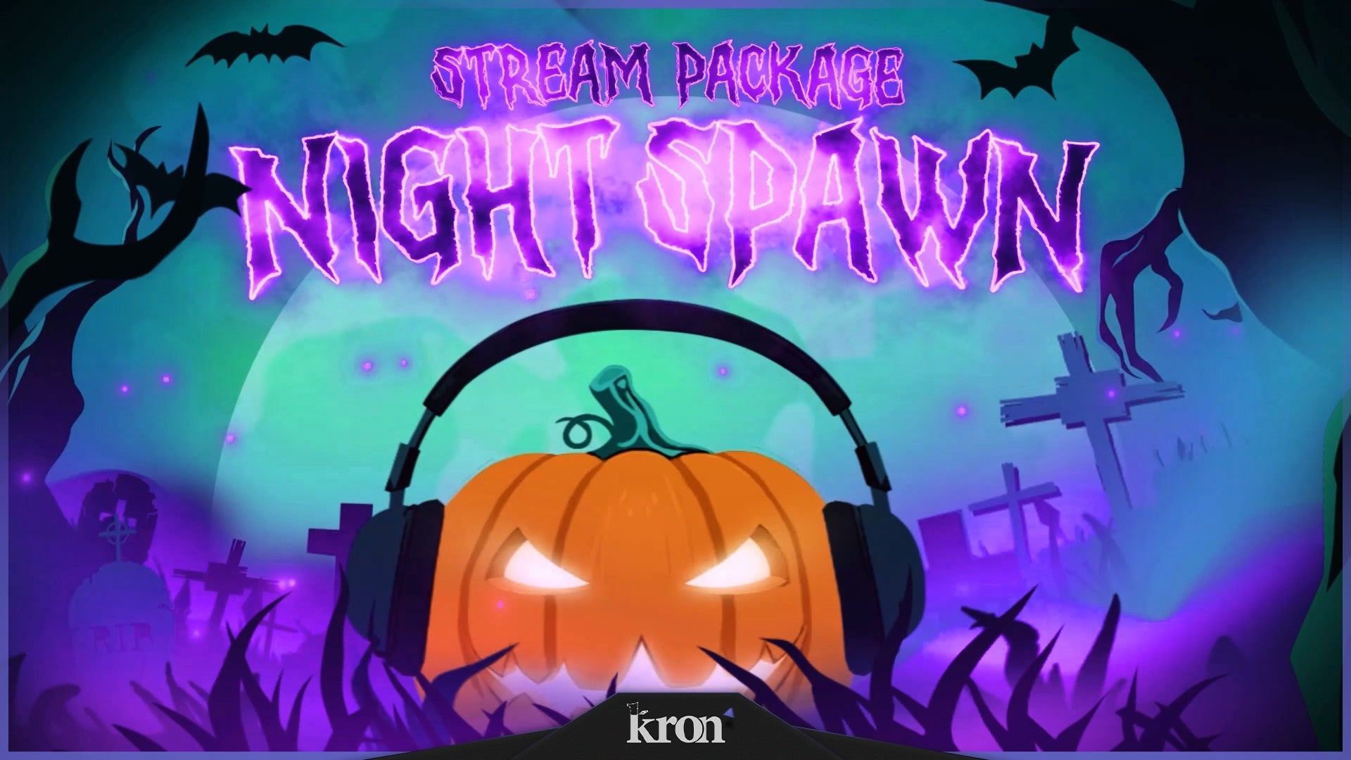 Night Spawn Stream Overlay for Twitch - Animated Pumpkin Graveyard Neon Halloween Package with Alerts and Widgets | byKron