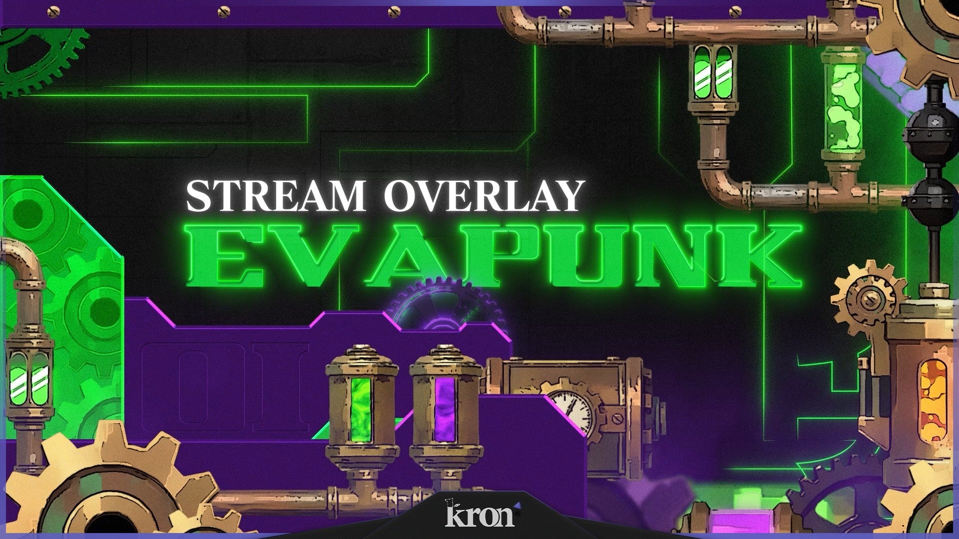 Evapunk Stream Overlay for Twitch - Animated Green Neon Industrial Cyberpunk Package with Alerts and Widgets | byKron