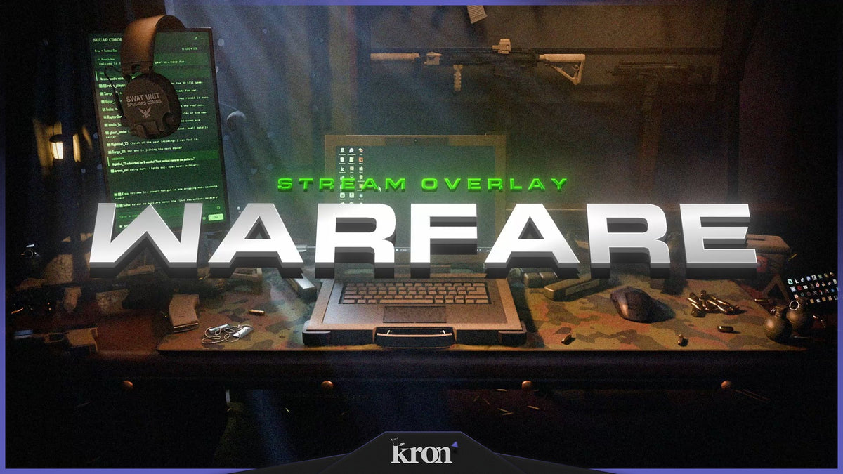Warfare Stream Overlay for Twitch with tactical military desk, camo details, green lighting, dusty light beams and cinematic battlefield-inspired aesthetic