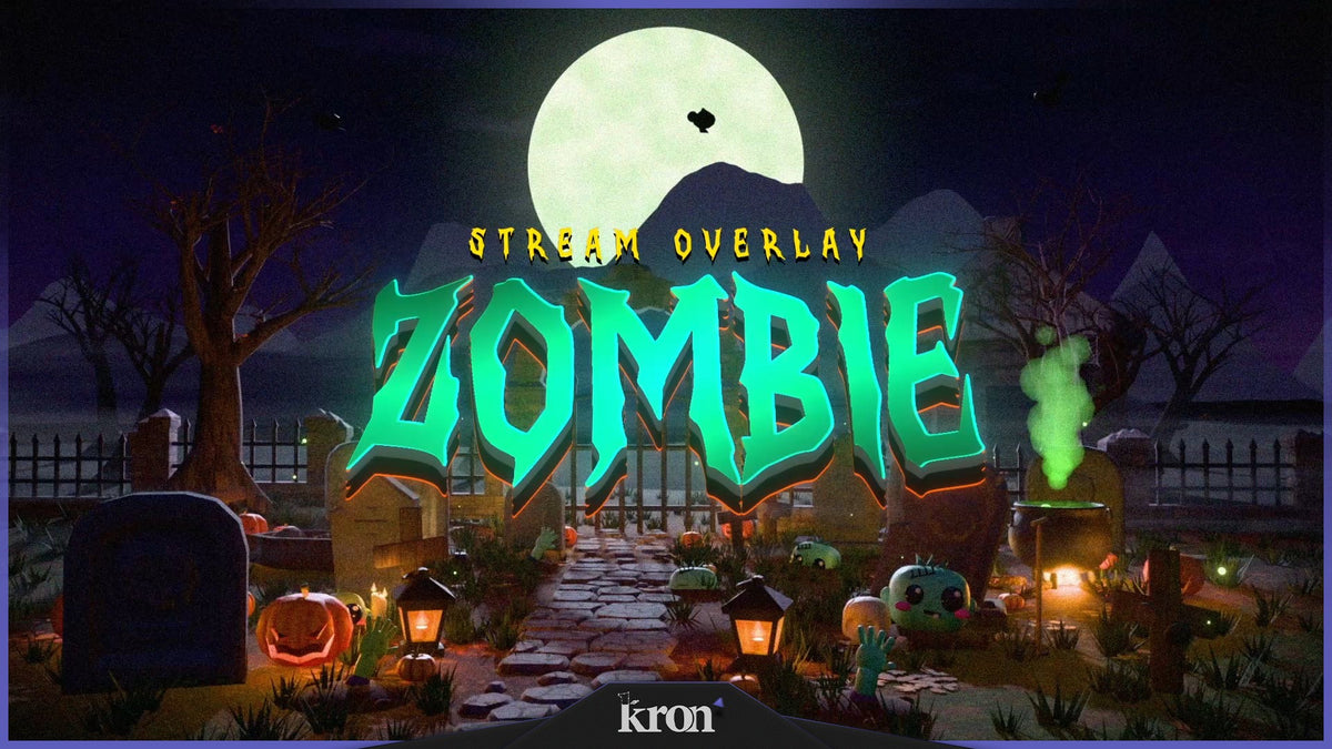 Zombie Stream Overlay for Twitch with cute 3D graveyard, full moon, glowing lanterns, toxic green lighting and playful zombie Halloween-inspired aesthetic