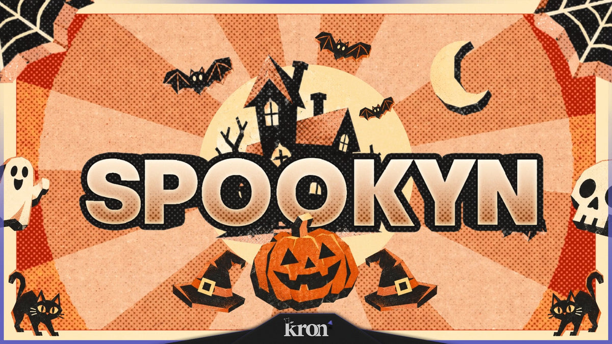 Spookyn Stream Overlay for Twitch with retro halftone texture, orange sunburst background, cartoon pumpkins and playful vintage Halloween-inspired aesthetic