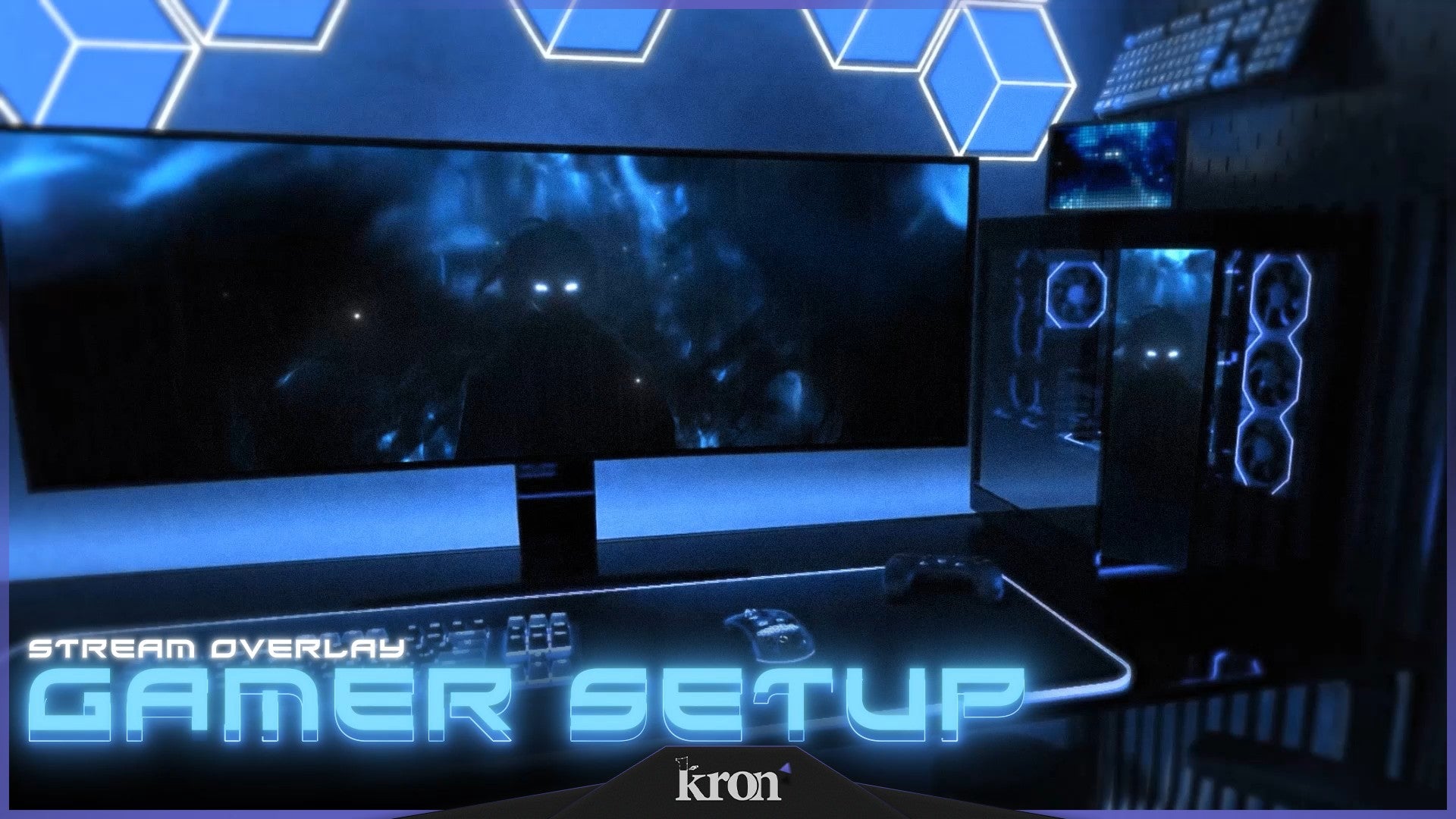 Gamer Setup Stream Overlay for Twitch - Animated Blue Neon Hexagonal 3D Tech Package with Alerts and Widgets | byKron