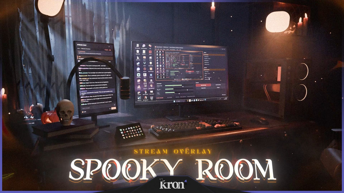 Spooky Room Stream Overlay for Twitch with moody haunted gaming room, warm candlelight, floating embers and cinematic Halloween-inspired aesthetic