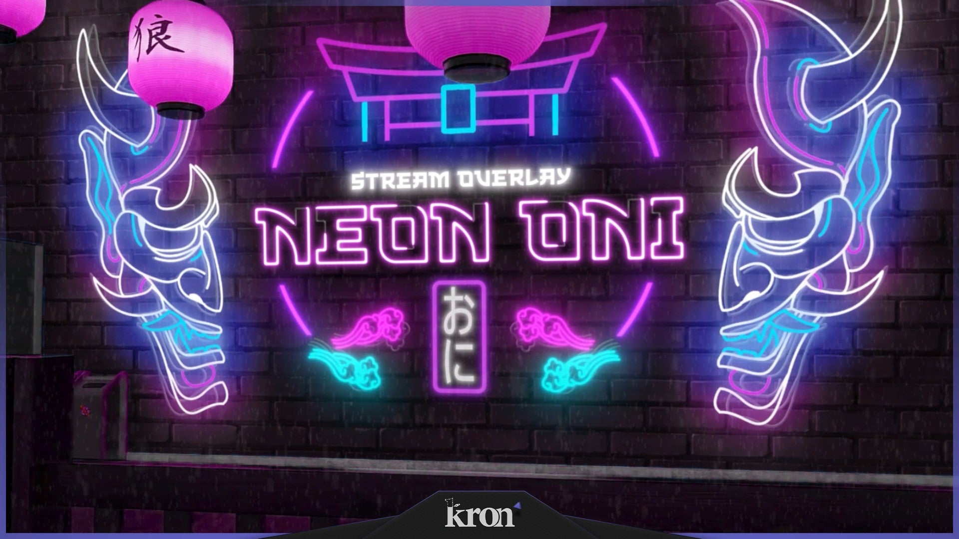 Neon Oni Stream Overlay for Twitch - Animated Cyberpunk Japan Pink Blue Neon Package with Alerts and Widgets | byKron