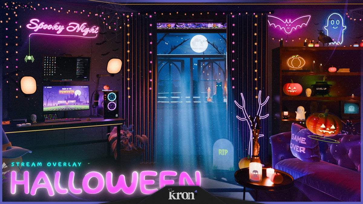 Neon Christmas Stream Overlay for Twitch with cozy neon gaming room, purple and pink lighting, glowing pumpkins and playful spooky-inspired aesthetic
