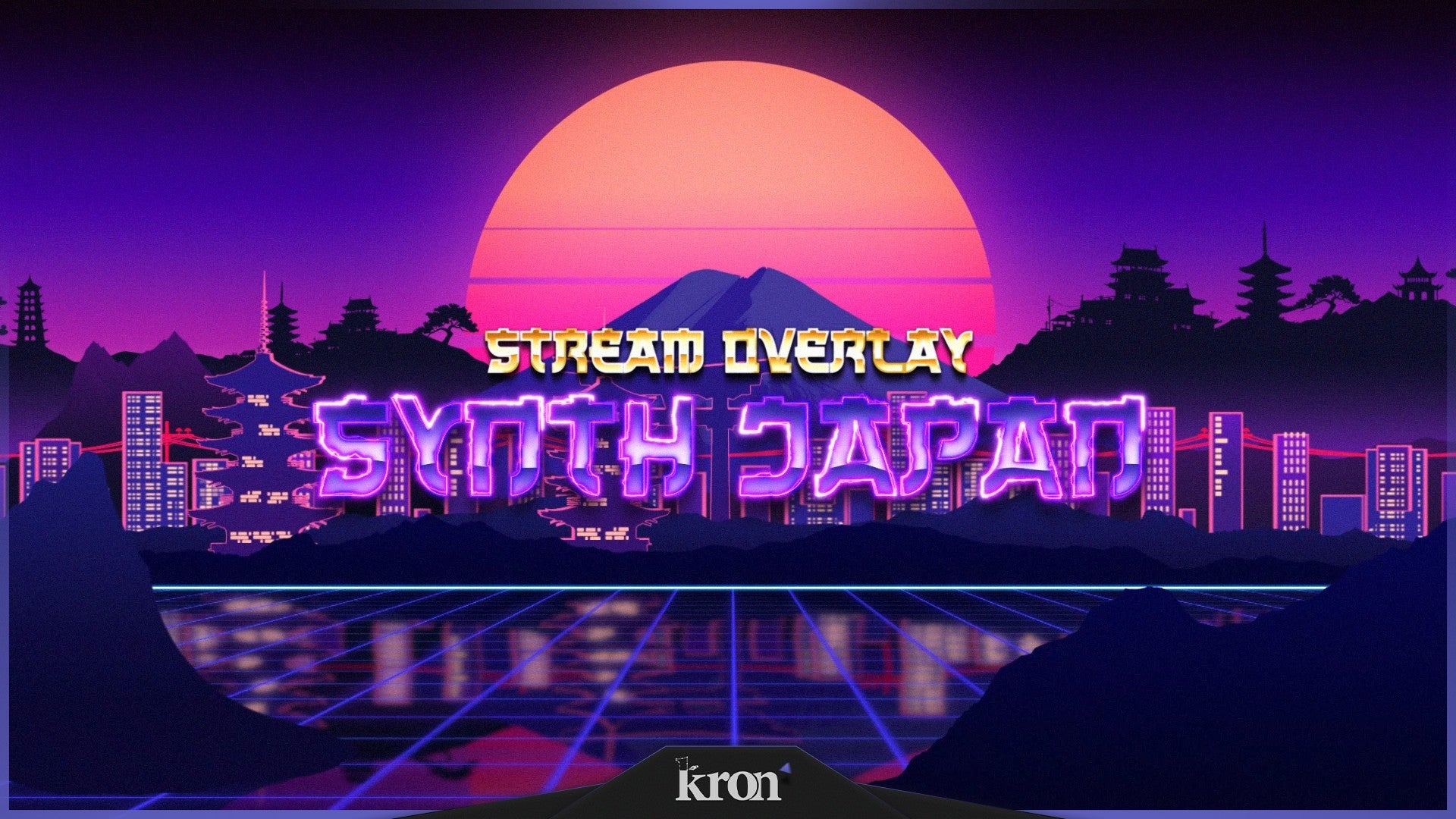 Synth Japan Stream Overlay for Twitch - Animated Purple Pixel Skyline Synthwave Tokyo Anime Package with Alerts and Widgets | byKron
