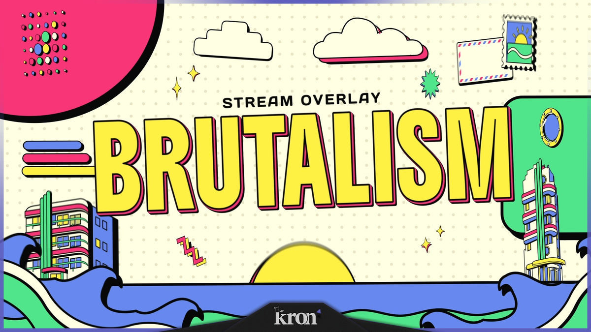 Miami Brutalism Stream Overlay for Twitch with cream dotted background, bold pop colors, retro buildings, blue waves and neo-brutalist-inspired aesthetic