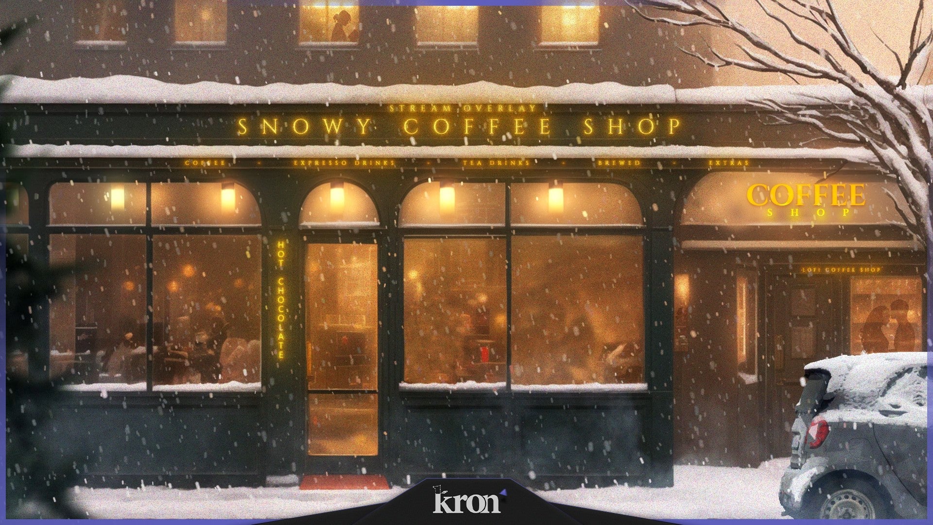 Snowy Coffee Shop Stream Overlay for Twitch - Animated Cozy Winter Cafe Lo-Fi Snow Package with Alerts and Widgets | byKron