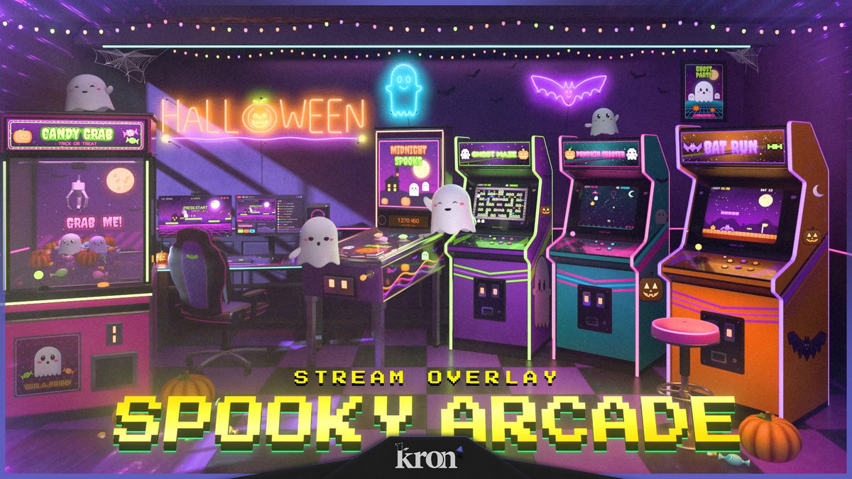 Spooky Arcade Stream Overlay for Twitch with neon arcade room, retro game cabinets, cute ghosts and playful pixel Halloween-inspired aesthetic