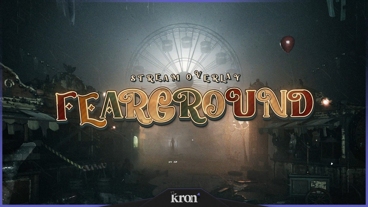 Fearground Stream Overlay for Twitch with foggy abandoned carnival, glowing ferris wheel, red balloon and vintage circus horror-inspired aesthetic