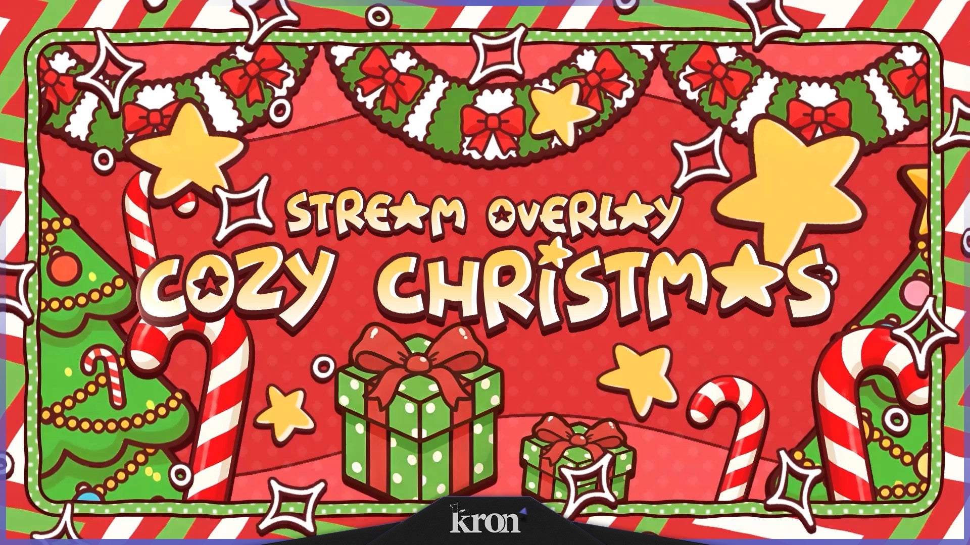 Cozy Christmas Stream Overlay for Twitch - Animated Candy Cane Bow Gifts Cute Holiday Package with Alerts and Widgets | byKron
