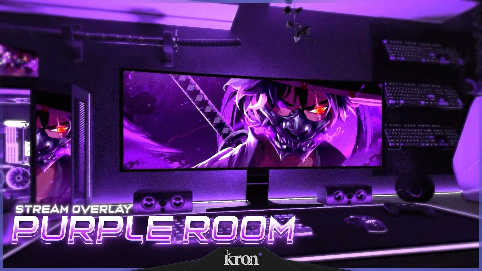 Purple Room Stream Overlay for Twitch - Animated Purple Neon Anime 3D Gaming Package with Alerts and Widgets | byKron