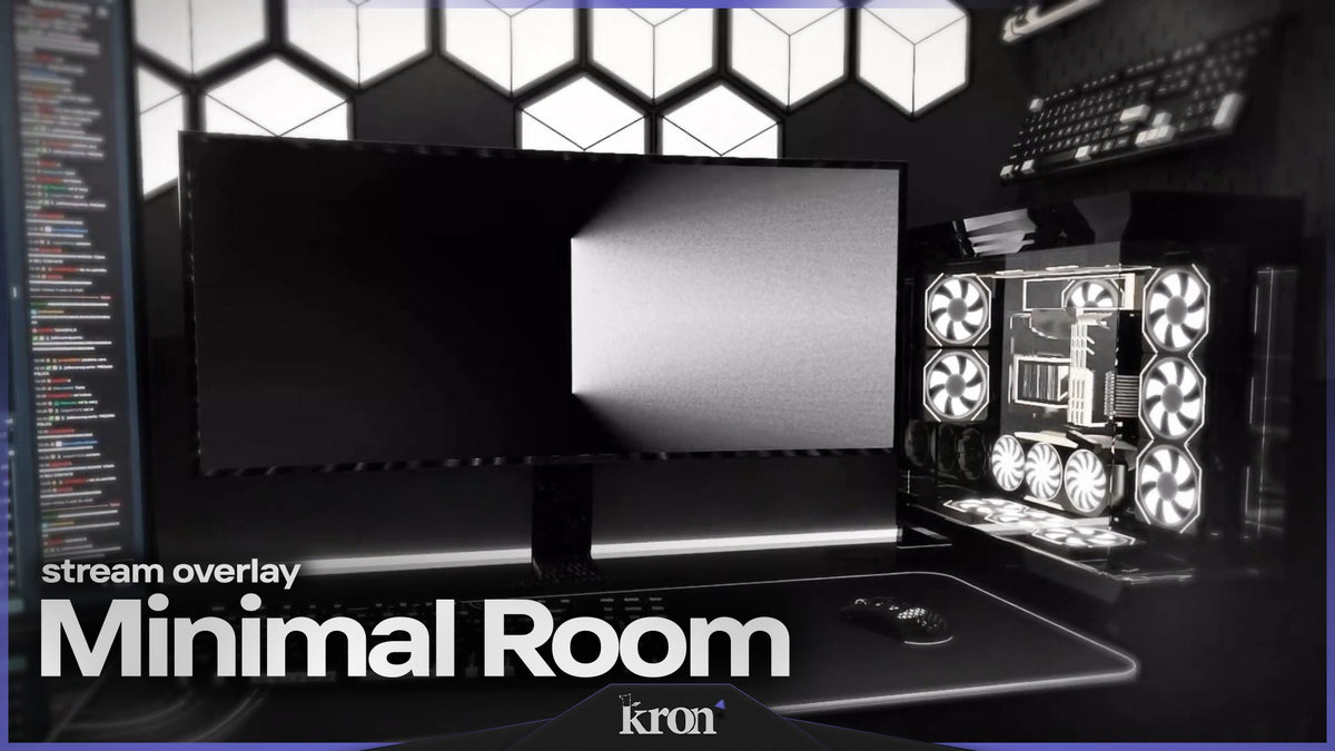 Minimal Room Stream Overlay for Twitch with black and white gaming setup, soft lighting and high-end minimalist room aesthetic
