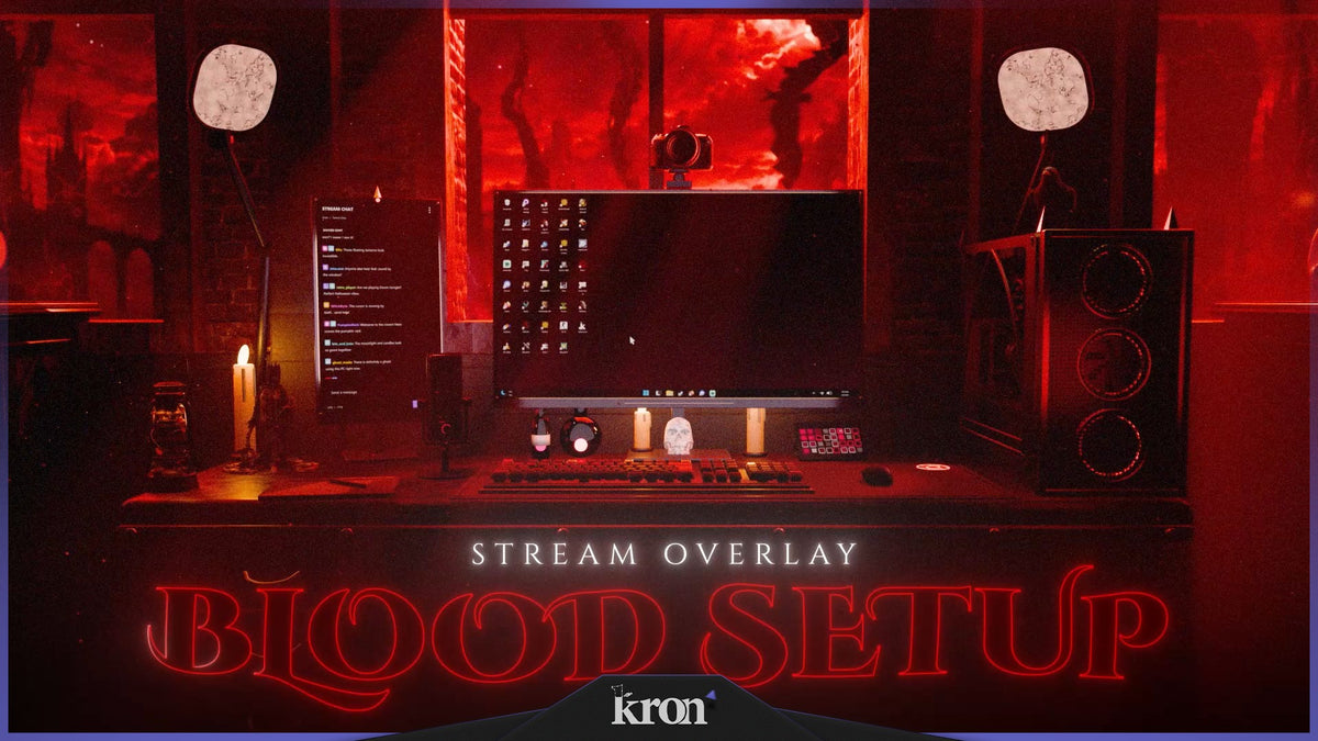 Blood Setup Stream Overlay for Twitch with dark gaming room, deep red lighting, glowing candles and gothic Halloween-inspired aesthetic