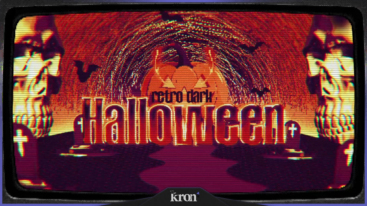 Retro Dark Halloween Stream Overlay for Twitch with CRT TV frame, VHS glitch effects, red and orange tones and creepy retro horror-inspired aesthetic
