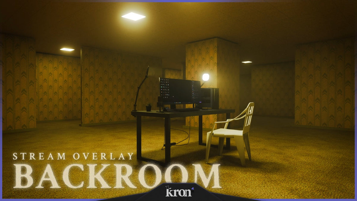 Backroom Stream Overlay for Twitch with liminal yellow rooms, patterned wallpaper, fluorescent lighting and eerie backrooms-inspired aesthetic