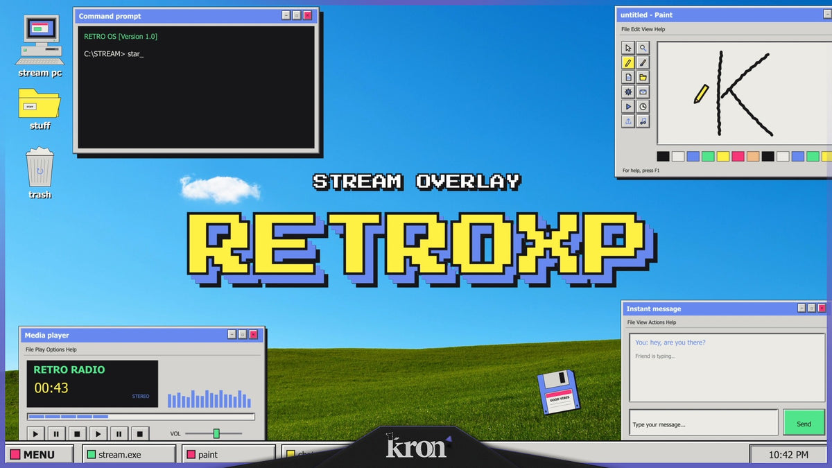 RetroXP Stream Overlay for Twitch with nostalgic desktop interface, green hill wallpaper, classic retro windows and pixel early-2000s-inspired aesthetic