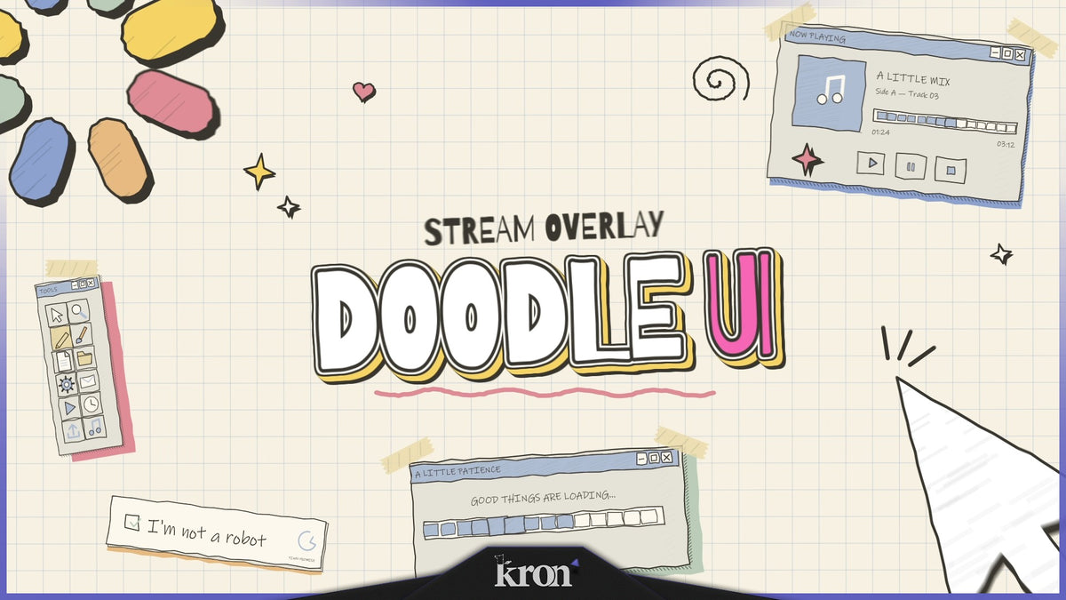 Doodle UI Stream Overlay for Twitch with cream grid paper, hand-drawn interface windows, pastel colors and cute sketchbook-inspired aesthetic