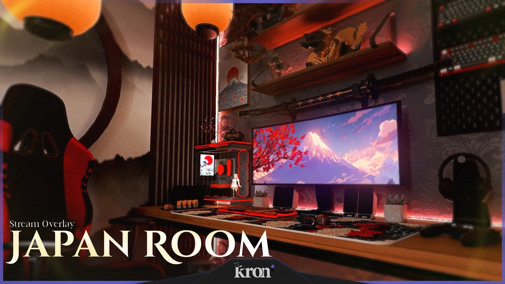 Japan Room Stream Overlay for Twitch - Animated Japanese Zen Lantern 3D Aesthetic Package with Alerts and Widgets | byKron