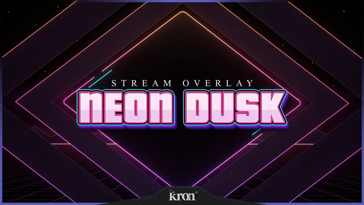 Neon Dusk Stream Overlay for Twitch with dark purple background, glowing pink and orange neon frames, retro grid and synthwave-inspired aesthetic