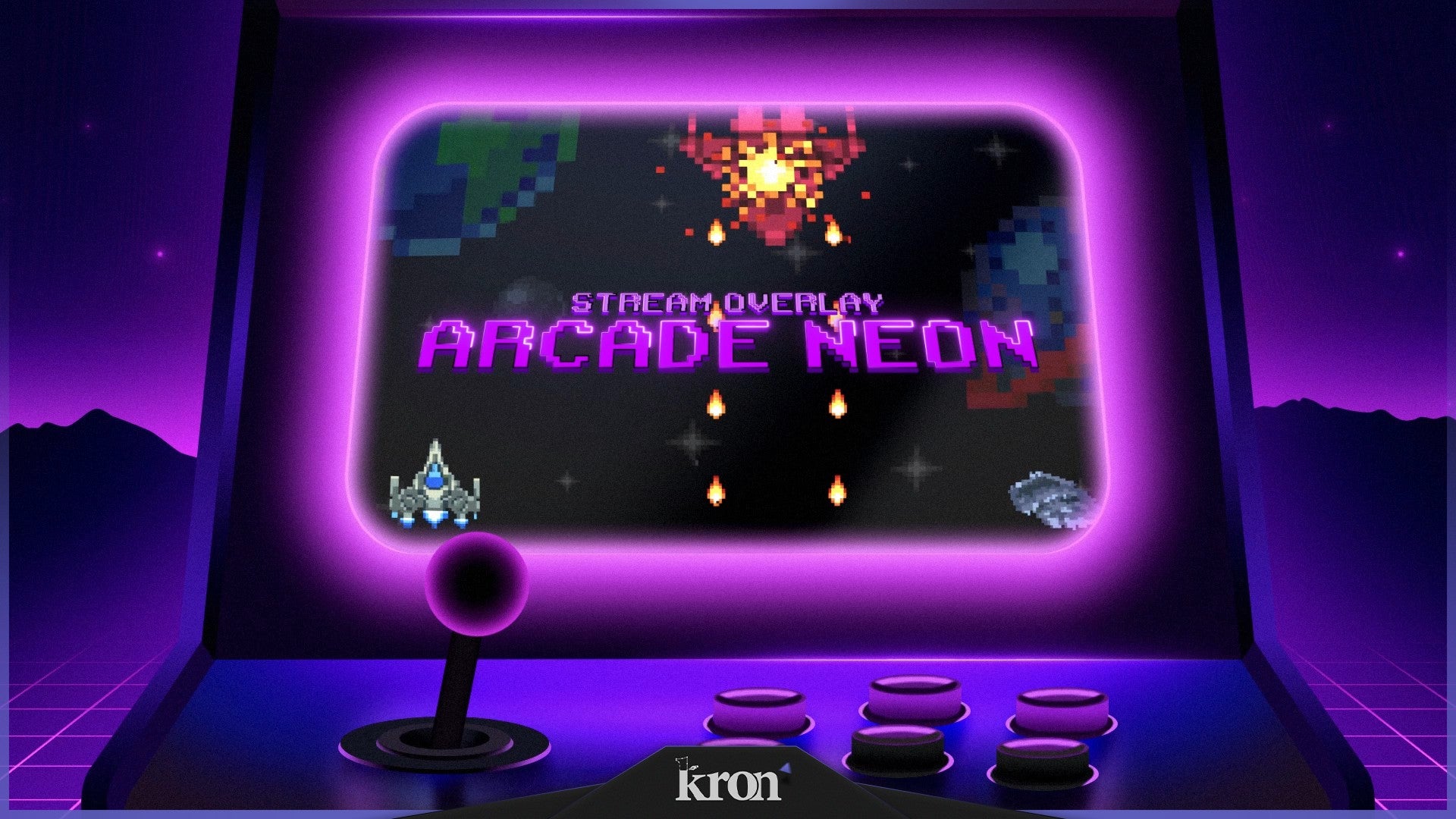 Arcade Neon Stream Overlay for Twitch - Animated Purple Pixel Retro Arcade Neon 3D Package with Alerts and Widgets | byKron