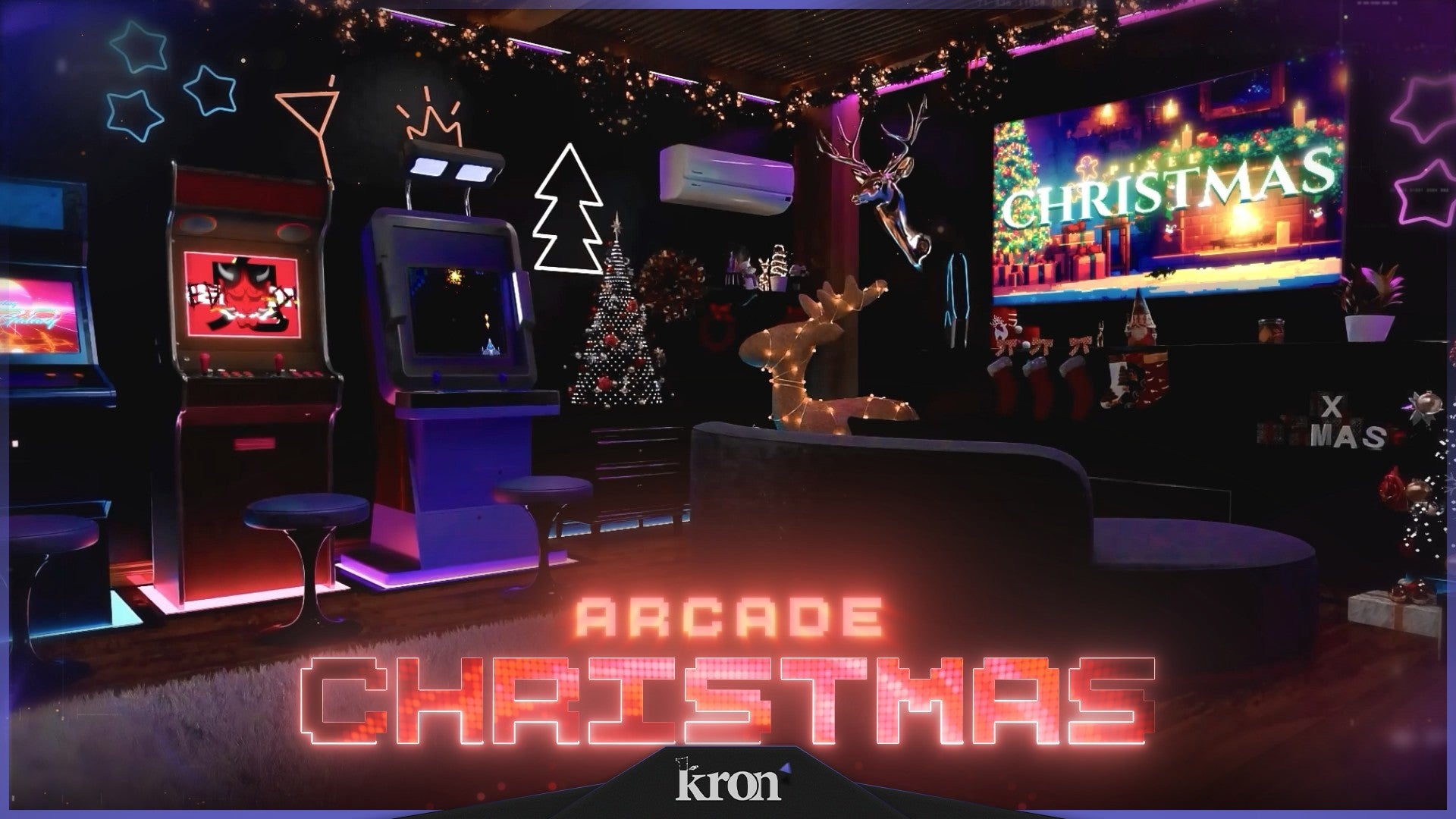 Arcade Christmas Stream Overlay for Twitch - Animated Retro Neon Arcade Holiday 3D Package with Alerts and Widgets | byKron