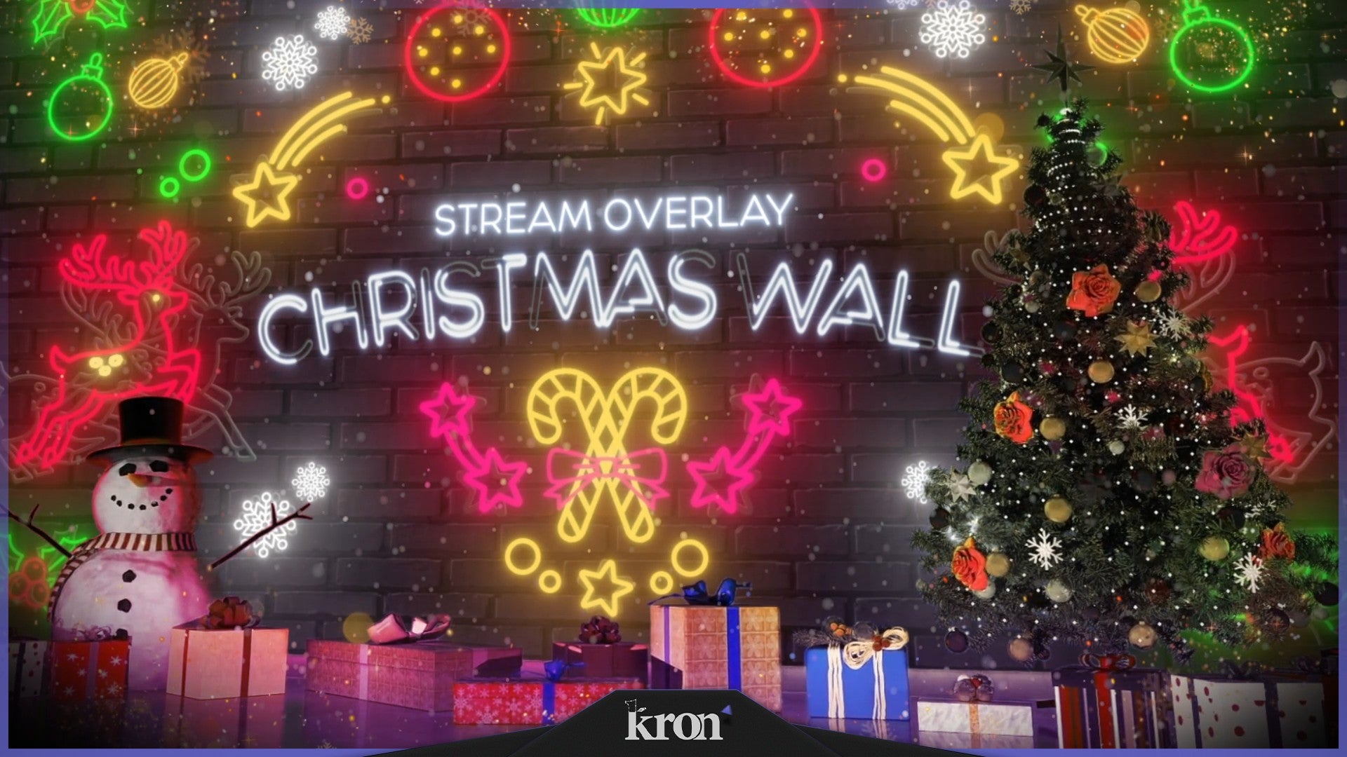 Christmas Wall Stream Overlay for Twitch - Animated Neon Lights 3D Festive Holiday Package with Alerts and Widgets | byKron