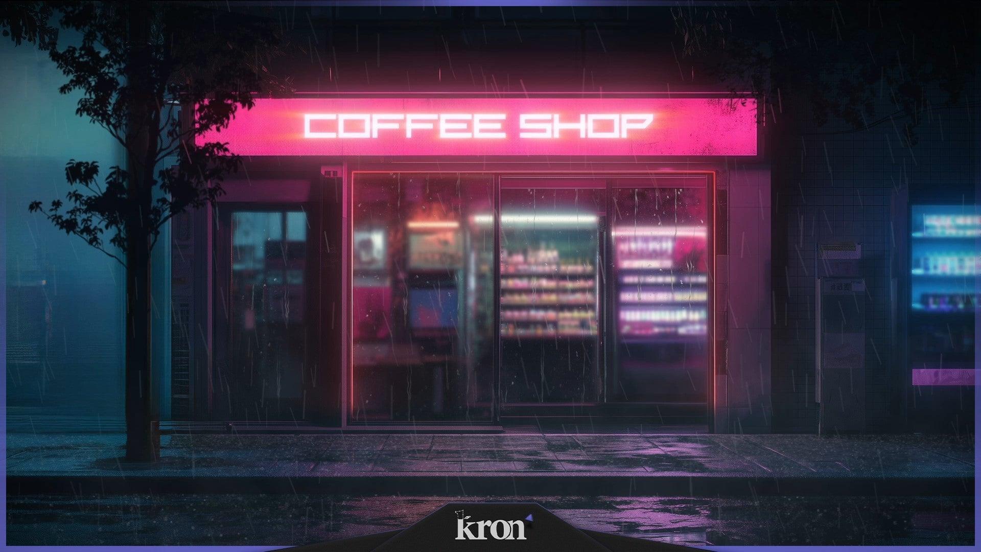 Coffee Shop Stream Overlay for Twitch - Animated Rainy Neon Cafe Cozy Urban Package with Alerts and Widgets | byKron