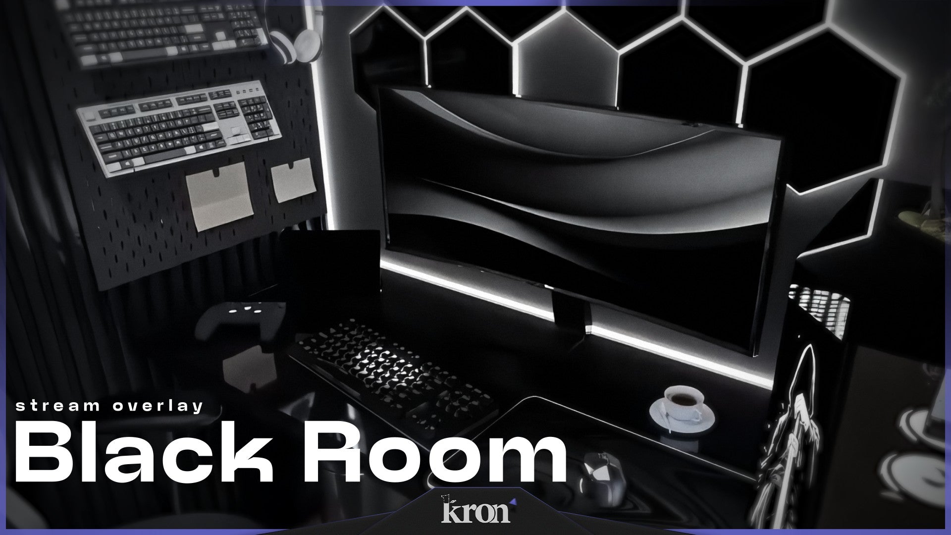 Black Room Stream Overlay for Twitch - Animated Monochrome Minimal Dark 3D Setup Package with Alerts and Widgets | byKron