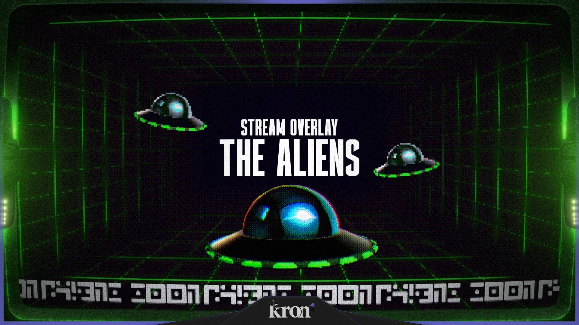 The Aliens Stream Overlay for Twitch - Animated Retro Sci-Fi Green Neon Pixel Package with Alerts and Widgets | byKron