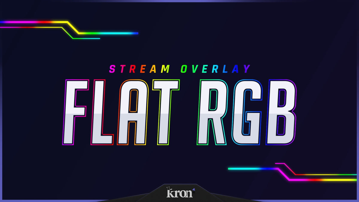 Flat RGB Stream Overlay for Twitch with deep navy background, glowing rainbow RGB lines and clean flat gaming-inspired aesthetic