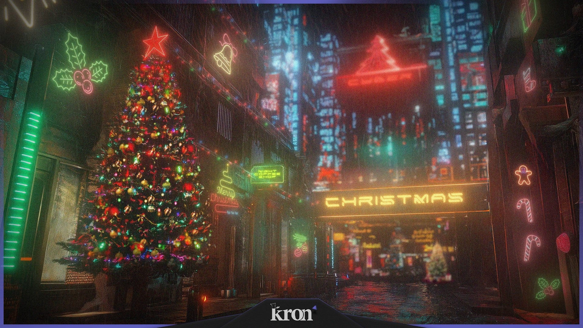 Cyberpunk Christmas Stream Overlay for Twitch - Animated Neon Futuristic 3D Holiday Package with Alerts and Widgets | byKron