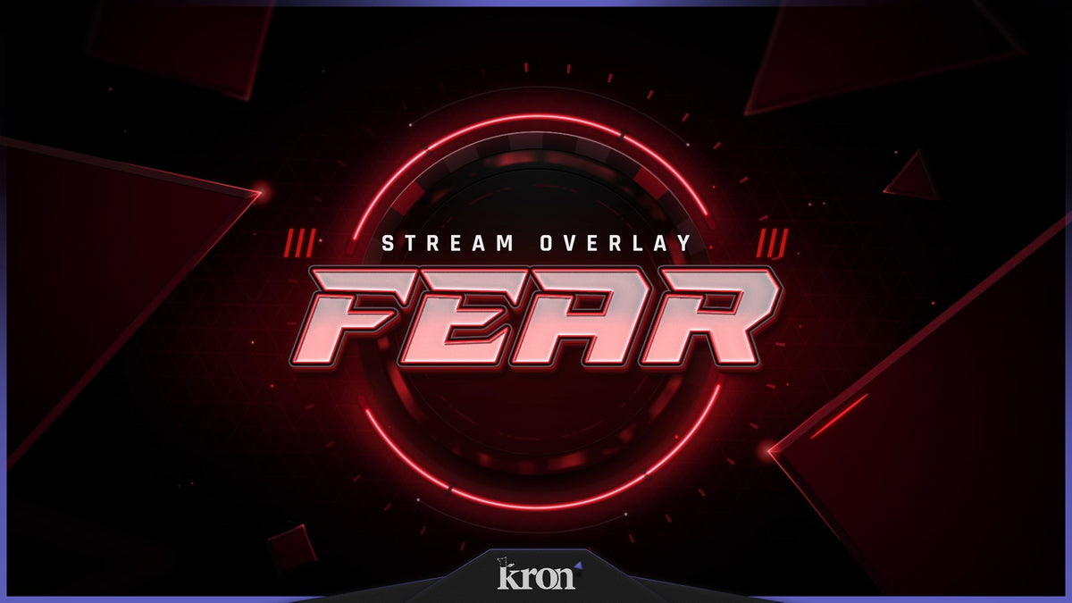 Fear Stream Overlay for Twitch with dark background, glowing red HUD rings, sharp geometric shapes and aggressive esports-inspired aesthetic