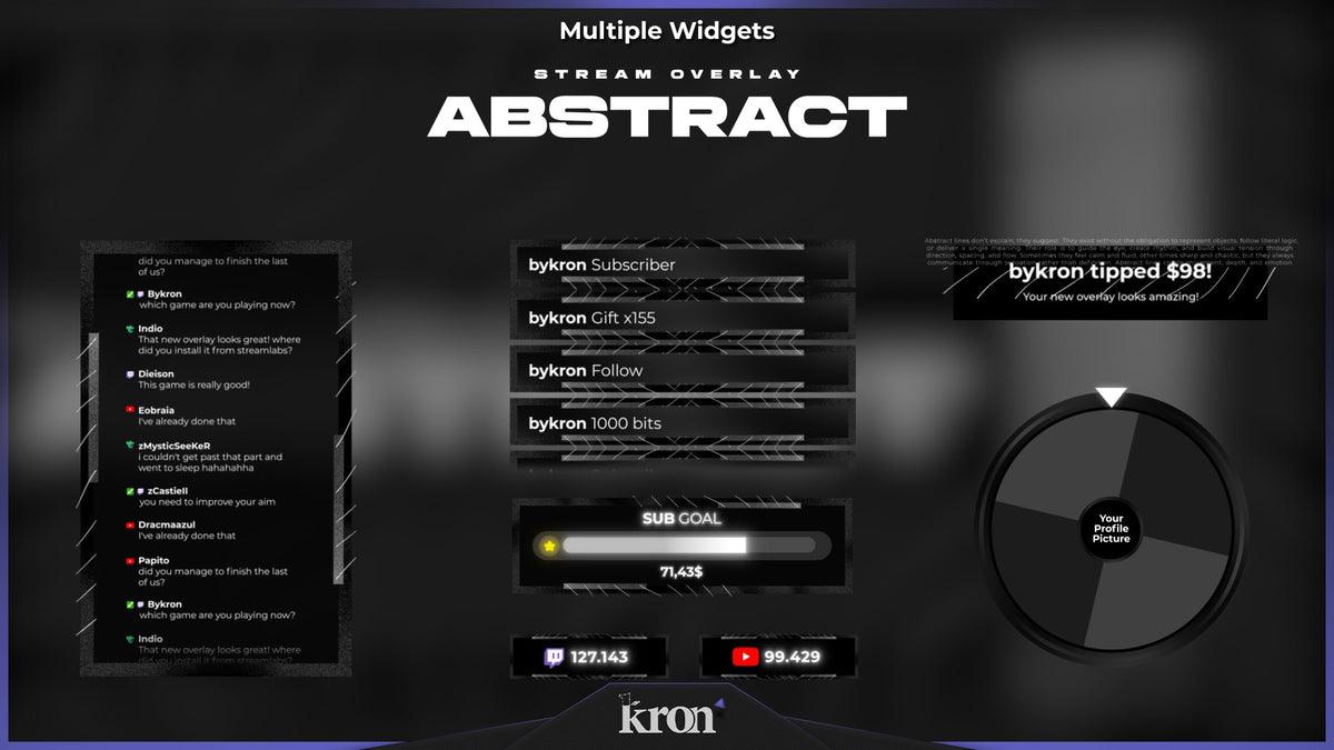 Abstract Animated Widgets for Twitch with minimalist black and white aesthetic featuring chatbox, alerts, event list, goal, spin wheel and viewer count widgets